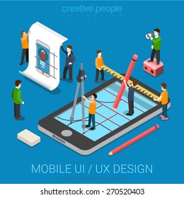 Mobile UI / UX design web infographic concept flat 3d isometric vector. People creating interface on phone tablet. User interface experience, usability, mockup, wireframe development concept.