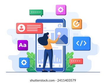 Mobile UI UX development concept flat illustration, Mobile application blocks on smartphone screen, Mobile app interface, Web development, Smartphone with interface elements, Mobile app development