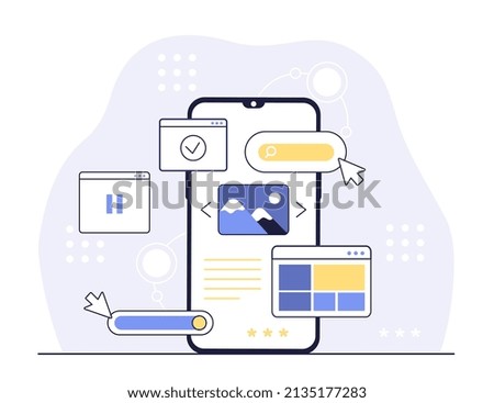 Mobile UI, UX development. Interface and design, coding for online page. Modern technologies, internet and digital world. Freelance, webdesign and programming. Cartoon flat vector illustration