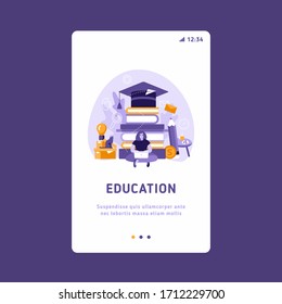 Mobile UI UX GUI template, app interface wireframe. E-learning concept illustration of woman using laptop and tablet pc for distance studying and education.