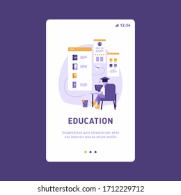 Mobile UI UX GUI template, app interface wireframe. E-learning concept illustration of woman using laptop and tablet pc for distance studying and education.