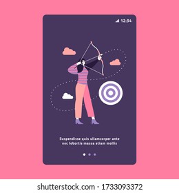 Mobile UI UX GUI template, app interface wireframe- mobile slider design template. Woman aiming with arch at target.