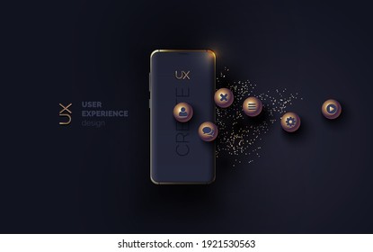 Mobile ui ux, korbon and gold concept. Mobile phone with a mobile app interface consisting of blocks and icons on a black background. User experience, User interface. Vector illustration 3D style.