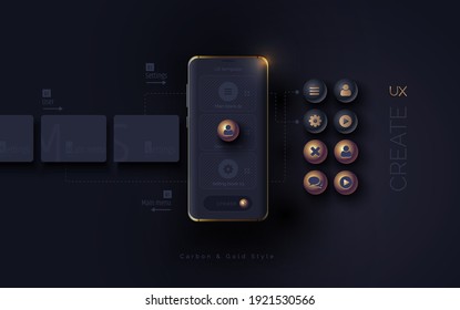 Mobile ui ux, korbon and gold concept. Mobile phone with a mobile app interface consisting of blocks and icons on a black background. User experience, User interface. Vector illustration 3D style.