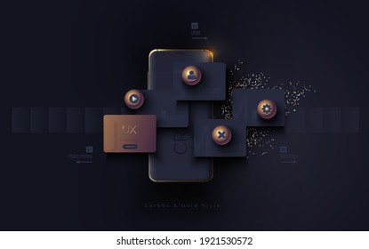 Mobile ui ux, korbon and gold concept. Mobile phone with a mobile app interface consisting of blocks and icons on a black background. User experience, User interface. Vector illustration 3D style.