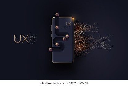 Mobile ui ux, korbon and gold concept. Mobile phone with a mobile app interface consisting of blocks and icons on a black background. User experience, User interface. Vector illustration 3D style.