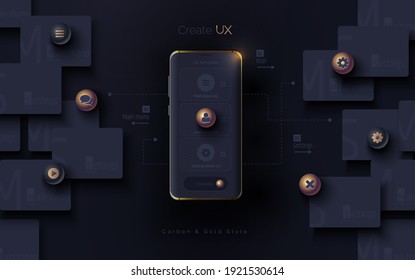 Mobile ui ux, korbon and gold concept. Mobile phone with a mobile app interface consisting of blocks and icons on a black background. User experience, User interface. Vector illustration 3D style.