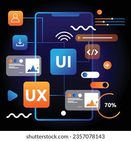 Mobile UI and UX presentation vector illustration with various icons and user interface symbols with transparent screens. - Powered by Shutterstock - Get 15% off with code: PIKWIZARD15
