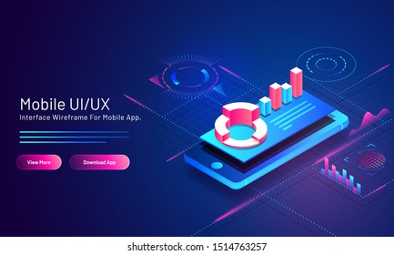 Mobile UI/UX concept based isometric landing page design with financial info graphic app in smart phone on blue digital background.