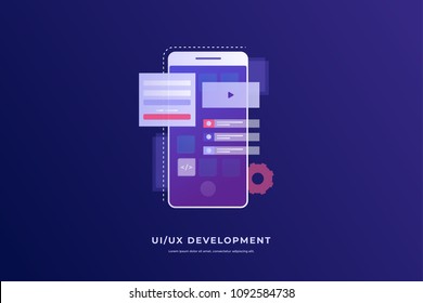 Mobile UI/UX Design. Digitale Technologien. Entwicklung mobiler Anwendungen. Smartphone mit demontierter Schnittstelle auf blauem Hintergrund. Flache Vektorgrafik für Webseiten, Banner, Präsentation.
