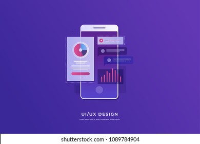 Mobile UI/UX development design concept. Smartphone with interface elements. Digital industry. Innovation and technologies. Mobile app. Vector flat illustration for web page, banner, presentation.