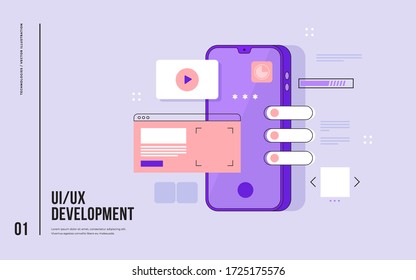 Mobile UI/UX development design concept. Smartphone with interface elements. Digital industry. Innovation and technologies. Mobile app. Vector flat illustration for web page, banner, presentation.