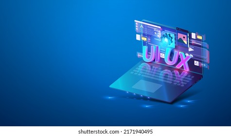 Mobile UI,UX development design concept neon design of mobile applications. Laptop with interface elements on a blue background. Innovations and technologies. Set of tools for creating user interface