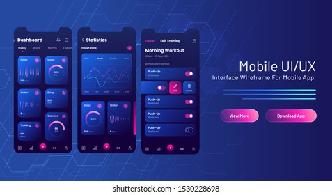 Mobile UI/UX web banner design with analysis mobile app screen on blue circuit background.