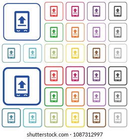 Mobile upload color flat icons in rounded square frames. Thin and thick versions included.