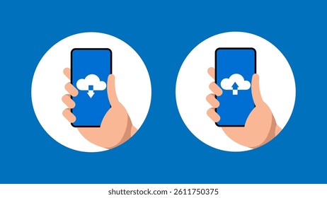 Mobile upload and download concept with human hand holding smartphone. Cloud storage. Flat design. Vector illustration