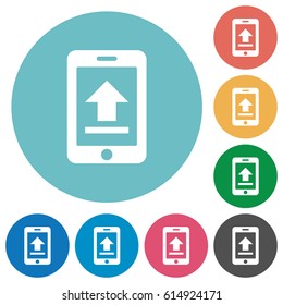 Mobile upload flat white icons on round color backgrounds