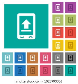 Mobile upload multi colored flat icons on plain square backgrounds. Included white and darker icon variations for hover or active effects.