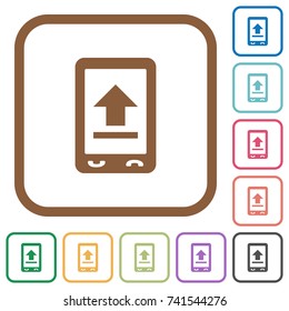 Mobile upload simple icons in color rounded square frames on white background