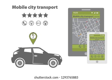 Mobile urban transport. Picture for business taxi or passenger services. Gps navigation. Mobile application taxi order. Call a taxi through the gadgets. Map of the city and where are the cars.