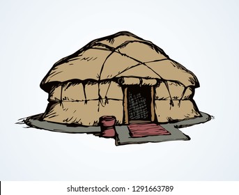 Mobile urta yaranga covered with skin or felt on white backdrop. Beige color line hand drawn kazakh jurt logo sign icon picture in art retro scribble style on paper space for text. Front view