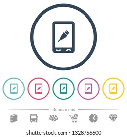 Mobile usb connection flat color icons in round outlines. 6 bonus icons included.