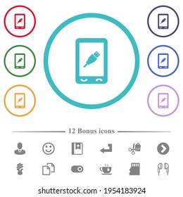 Mobile usb connection flat color icons in circle shape outlines. 12 bonus icons included.