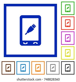 Mobile usb connection flat color icons in square frames on white background