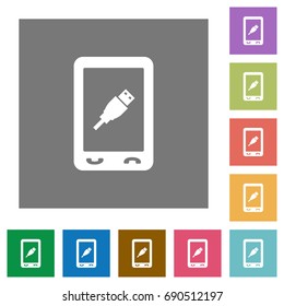 Mobile usb connection flat icons on simple color square backgrounds
