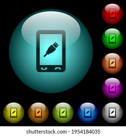 Mobile usb connection icons in color illuminated spherical glass buttons on black background. Can be used to black or dark templates
