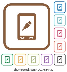 Mobile usb connection simple icons in color rounded square frames on white background