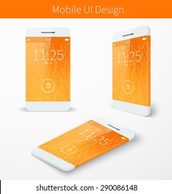 Mobile user application interface concept with orange wallpaper smartphone screen presentation. Vector illustration
