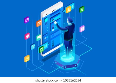 Mobile user, company interface of office application. Developer working on ui experience. Can use for web banner images. Flat isometric people, vector illustration isolated on generic background.