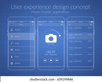 Mobile user experience design concept with different screens and web elements for music application isolated vector illustration
