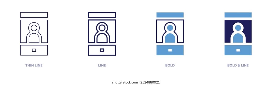Mobile user icon in 4 different styles. Thin Line, Line, Bold, and Bold Line. Duotone style. Editable stroke.