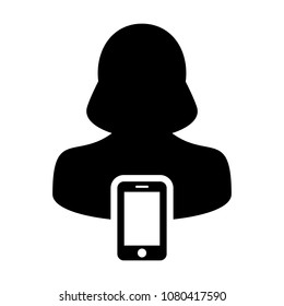 Mobile user icon vector female person profile avatar with smartphone symbol for communication in Glyph Pictogram illustration