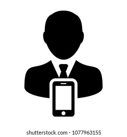 Mobile user icon vector male person profile avatar with smartphone symbol for communication in Glyph 
Pictogram illustration