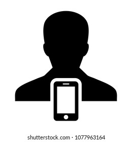 Mobile user icon vector male person profile avatar with smartphone symbol for communication in Glyph Pictogram illustration