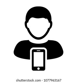 Mobile user icon vector male person profile avatar with smartphone symbol for communication in Glyph Pictogram illustration