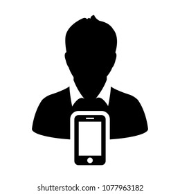 Mobile user icon vector male person profile avatar with smartphone symbol for communication in Glyph Pictogram illustration