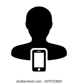 Mobile user icon vector male person profile avatar with smartphone symbol for communication in Glyph Pictogram illustration
