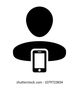 Mobile user icon vector male person profile avatar with smartphone symbol for communication in Glyph Pictogram illustration
