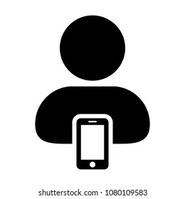 Mobile user icon vector male person profile avatar with smartphone symbol for communication in Glyph 
Pictogram illustration