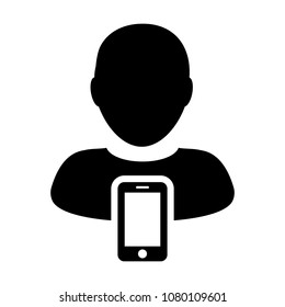 Mobile user icon vector male person profile avatar with smartphone symbol for communication in Glyph 
Pictogram illustration