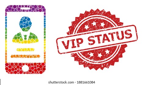 Mobile Benutzer-Info Collage Symbol von Kreis-Blots in variabler Größe und Regenbogenfarben, und Vip Status korrodierte Rosette Stempel-Siegel. Eine gepunktete LGBT-farbige Mobile-Benutzerinfo für Lesbierinnen, Schwule,