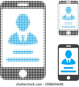 Mobile user info halftone dotted icon. Halftone array contains round dots. Vector illustration of mobile user info icon on a white background.