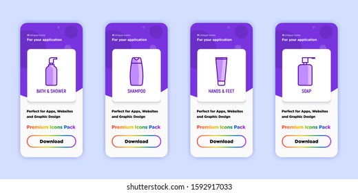 Mobile user interface for beauty shop. Thin line icons: soap dispenser, shampoo, shower gel, body care. Modern vector illustration with copy space.