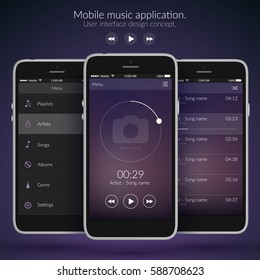 Mobile user interface design concept with icons and web elements for music application isolated vector illustration