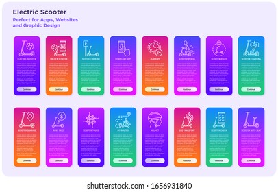 Mobile user interface for electric scooter sharing service. Thin line icons: mobile app, QR code, parking, helmet, eco transport, pointer. Modern vector illustration, template with copy space.