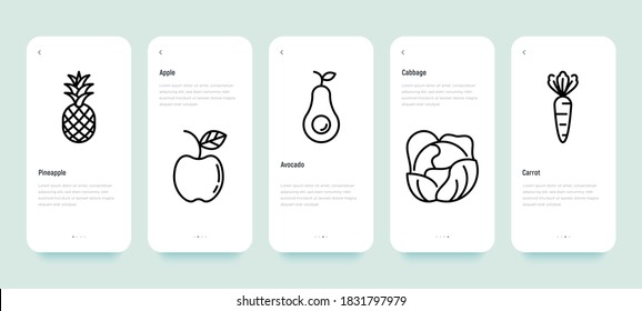 Mobile user interface with fruits and vegetables: ananas, apple, avocado, cabbage, carrot. Thin line icons. Healthy vegan food. Vector illustration, template, with copy space.